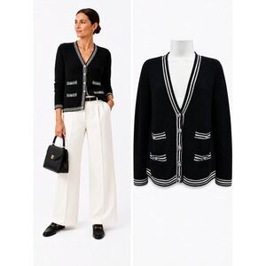 Talbots Black Contrast Trim Ribbed Cardigan Sweater S Old Money Preppy Classic